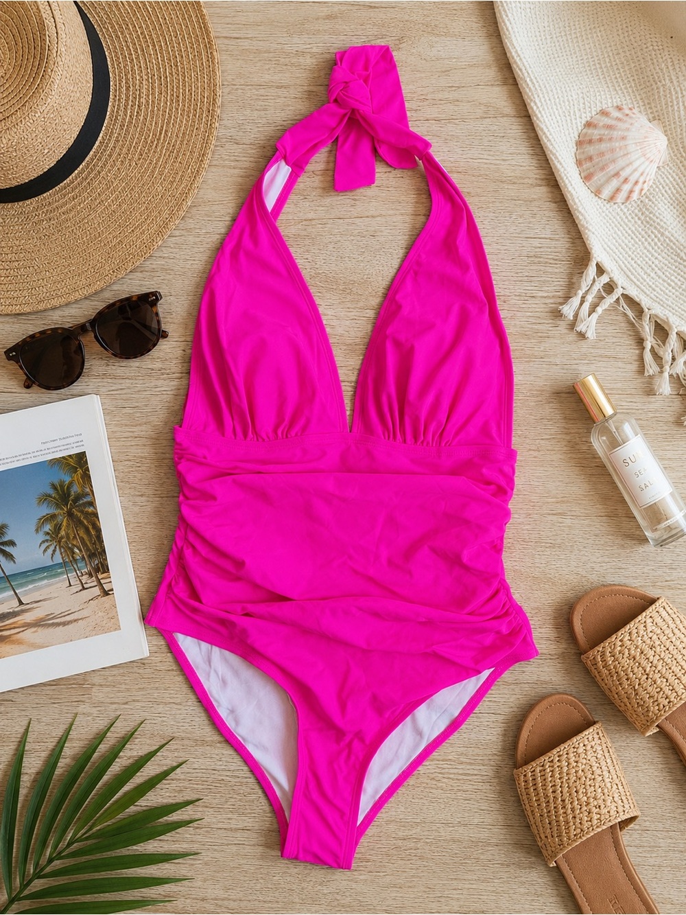 Women’s Halter One-Piece Swimsuit - Bright Pink